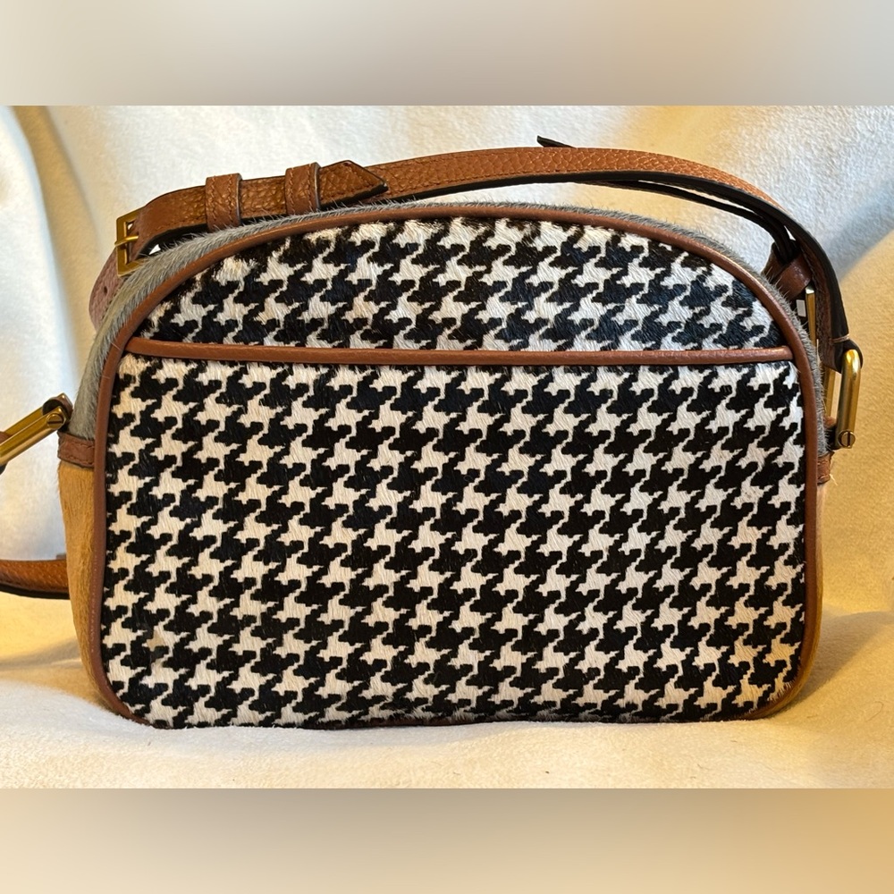 J Crew Devon Houndstooth Calf Hair Pebbled Leather Crossbody Camera Bag Like New - Picture 7 of 11